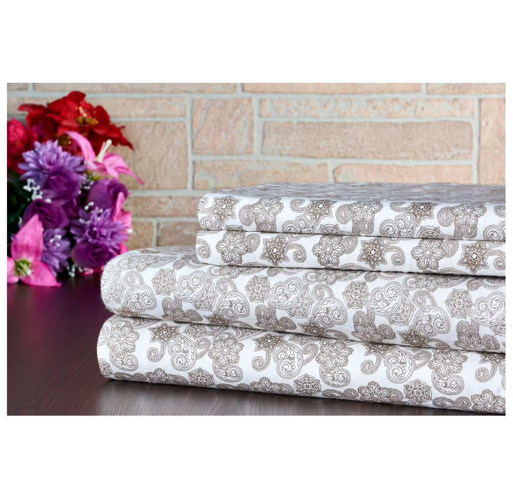 Bibb Home® 4-Piece Printed Cotton Flannel Sheet Set - Twin - Elegant Paisley