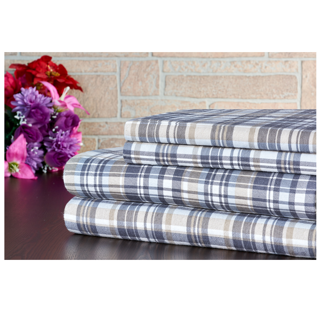 Bibb Home® 4-Piece Printed Cotton Flannel Sheet Set - Twin - Grey Plaid