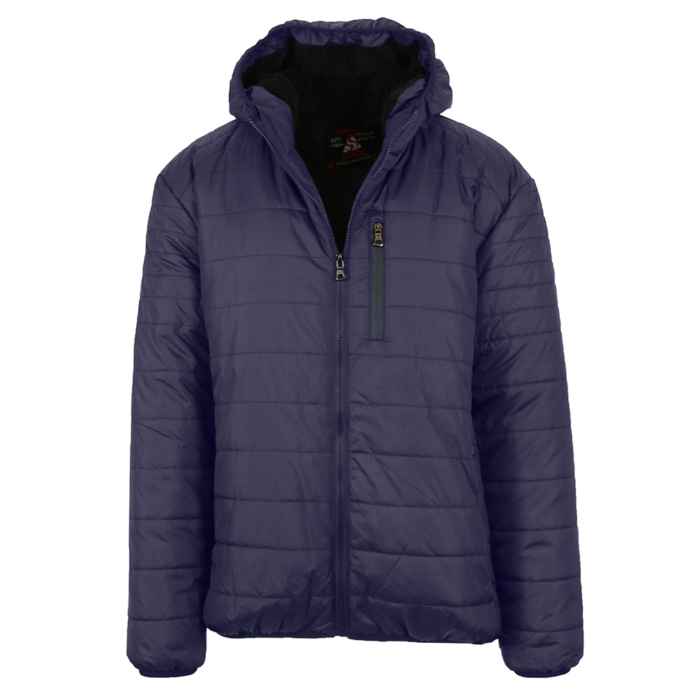 Men's Sherpa-Lined Hooded Puffer Jacket - Navy - Small