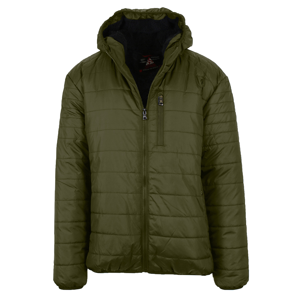 Men's Sherpa-Lined Hooded Puffer Jacket - Olive - X-Large