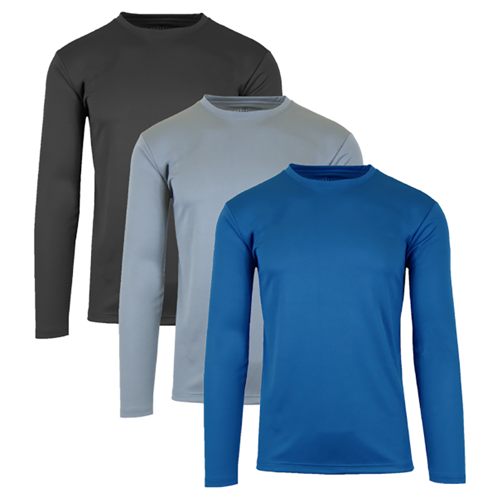 Men's Moisture-Wicking Long Sleeve Performance Tagless Tee (3-Pack) - Small	Black & Charcoal & Navy