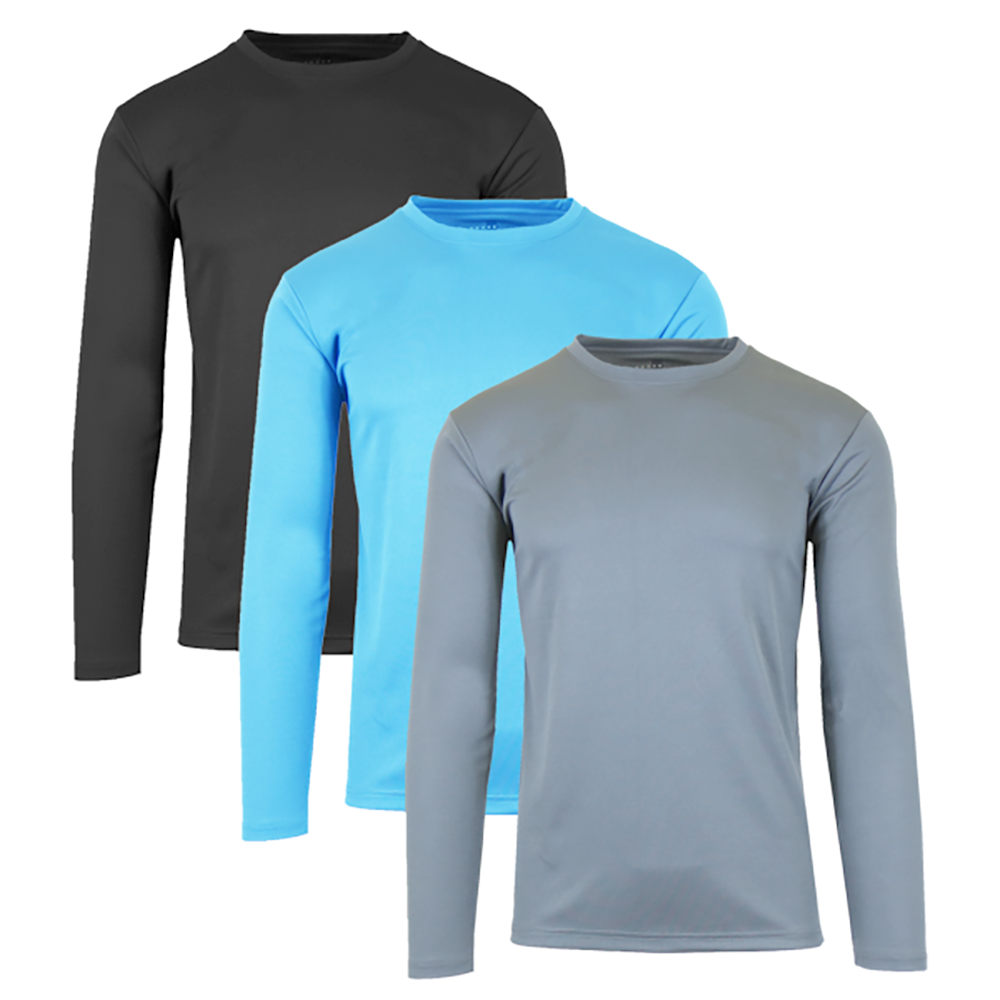 Men's Moisture-Wicking Long Sleeve Performance Tagless Tee (3-Pack) - X-Large Black & Light Blue & Charcoal