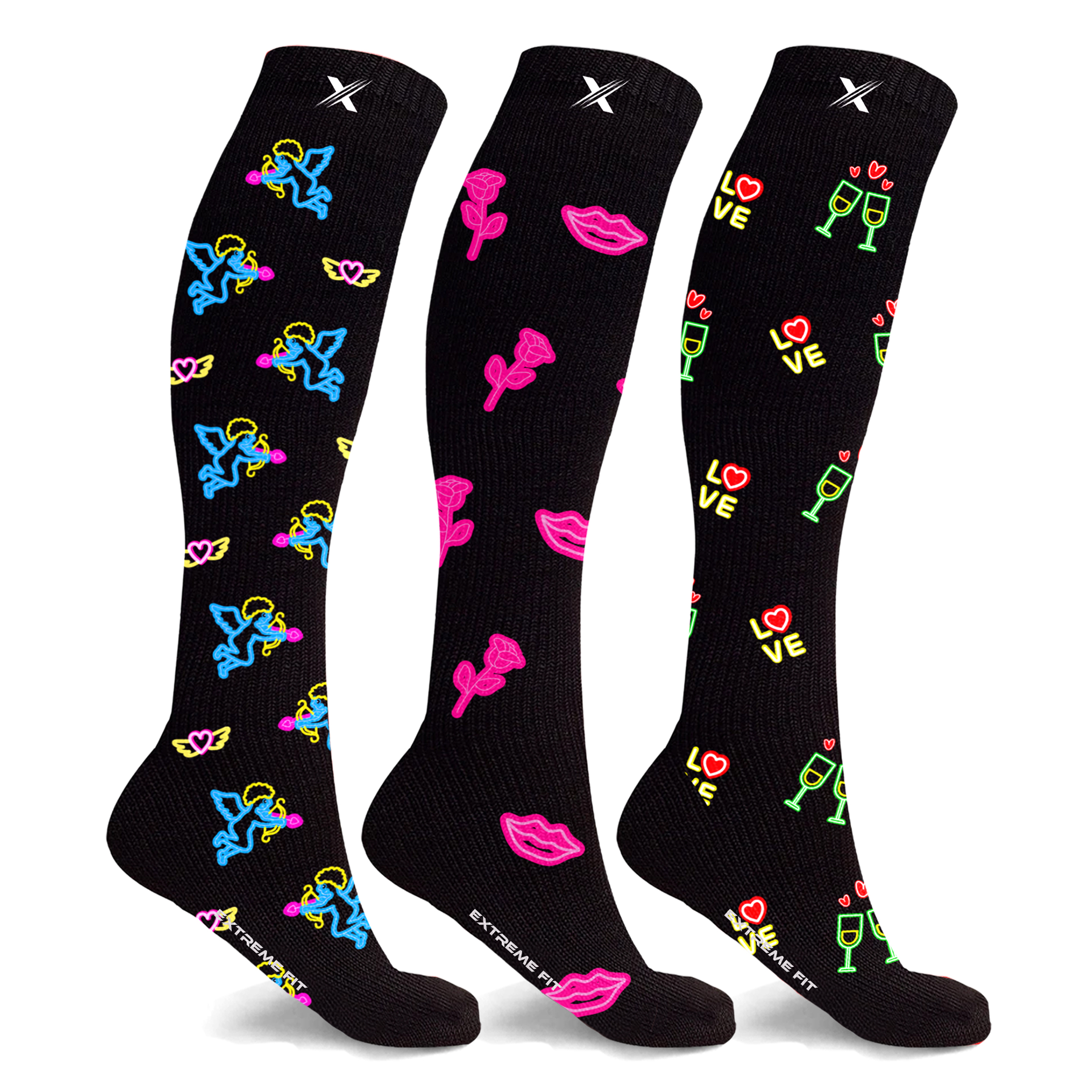 Holiday Fun and Christmas Knee-High Compression Socks (3-Pair) - Neon - Small/Medium