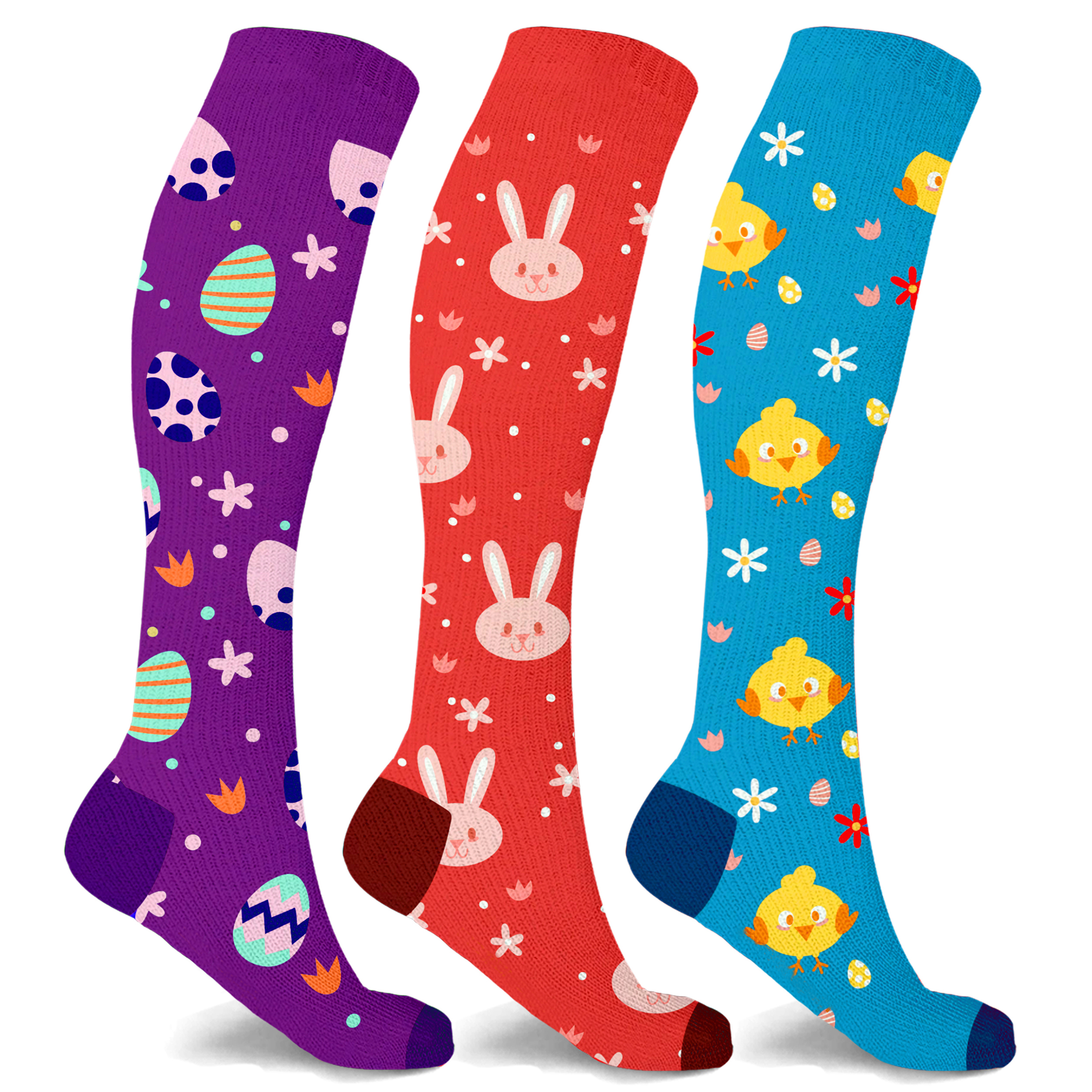 Holiday Fun and Christmas Knee-High Compression Socks (3-Pair) - Bunny And Chicks - Small/Medium