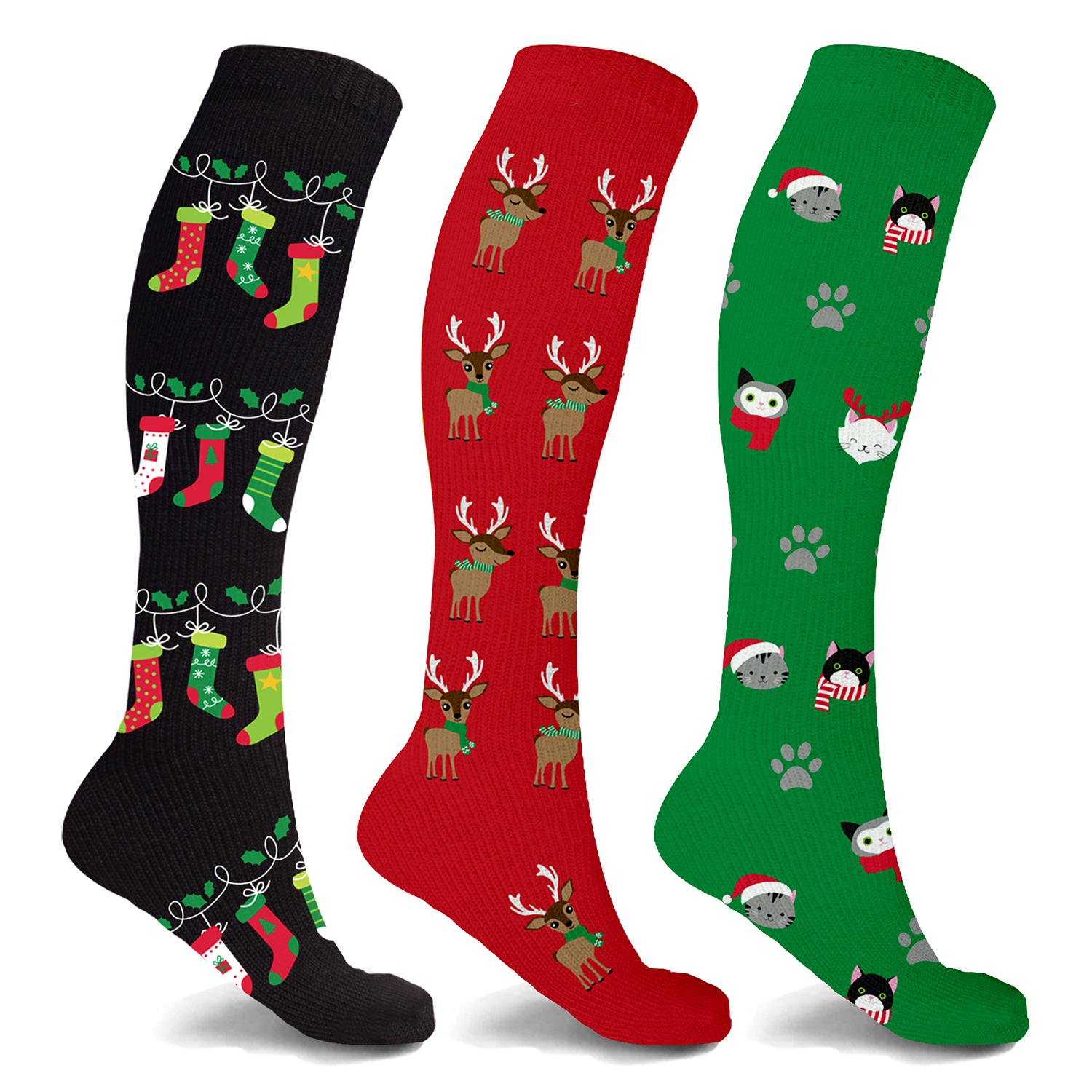 Holiday Fun and Christmas Knee-High Compression Socks (3-Pair) - Holiday - Small/Medium