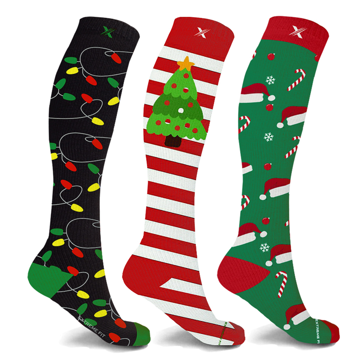 Holiday Fun and Christmas Knee-High Compression Socks (3-Pair) - Lights, Tree & Candy - Small/Medium
