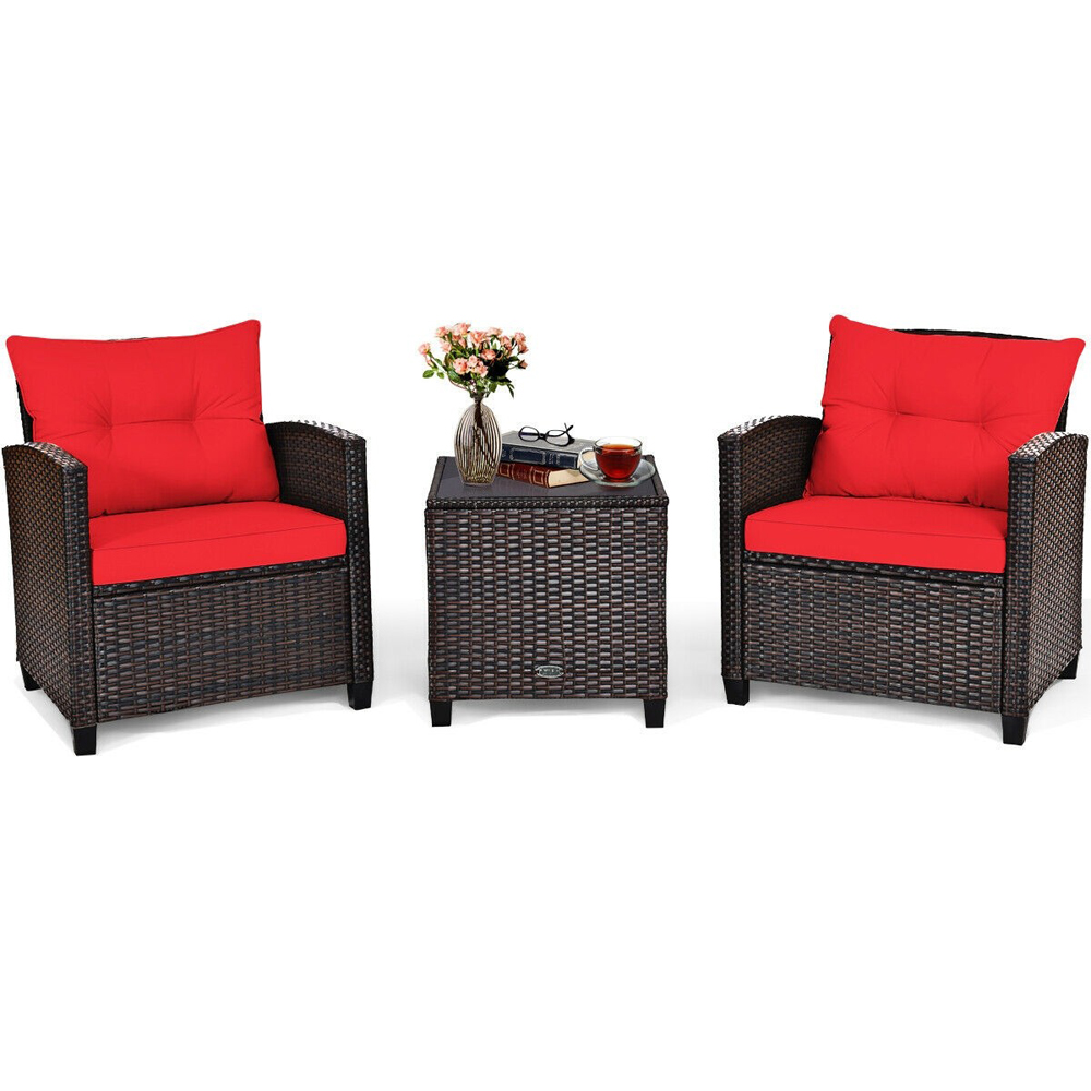 3-Piece Rattan Patio Furniture Set with Large Cushions - Red