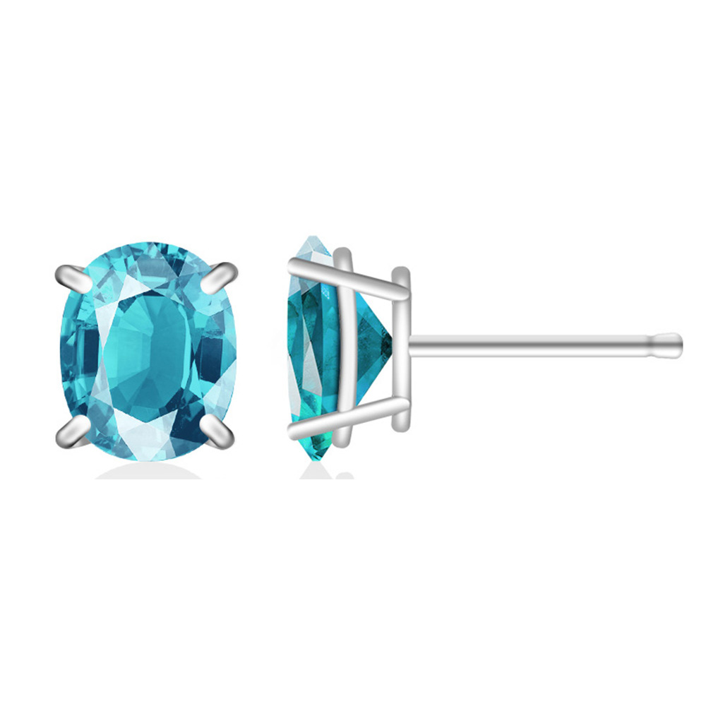.925 Silver Lab-Created 2CT Birthstone Oval Stud Earrings - March/Aquamarine