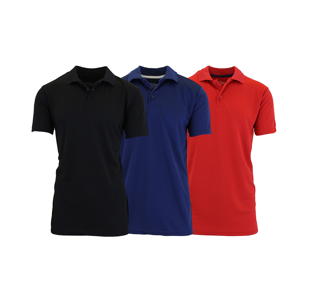 Men's Dry-Fit Moisture-Wicking Polo Shirt (3-Pack) - Black - Navy - Red - Large