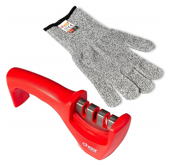 Kitchen Knife Sharpening Tool with Cut-Resistant Glove - Red