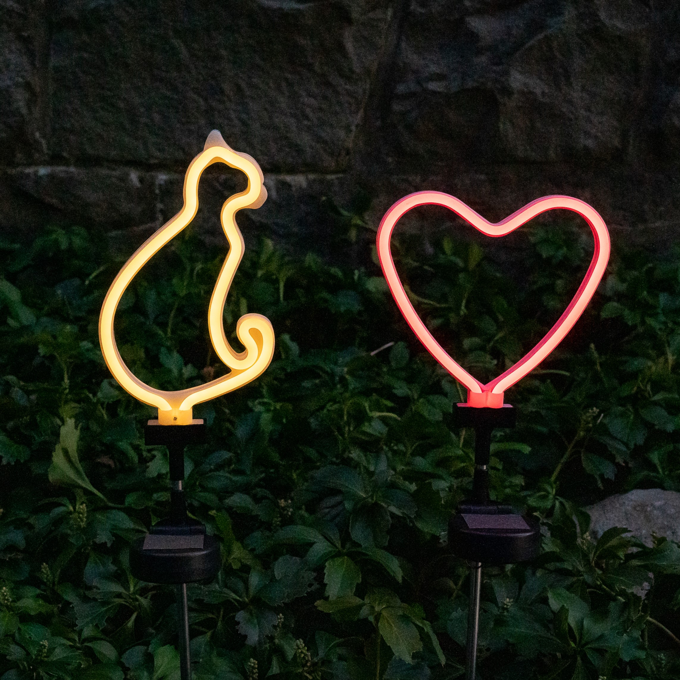 Touch of Eco® Neon Stake™ Solar LED Stake Light (2-Pack) - Solar Stake Light- Cat & Heart Combo