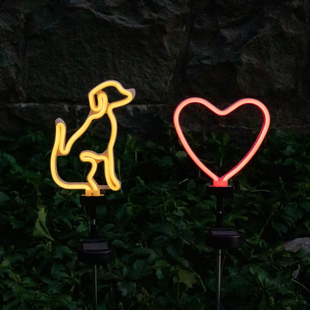 Touch of Eco® Neon Stake™ Solar LED Stake Light (2-Pack) - Solar Stake Light- Dog & Heart Combo
