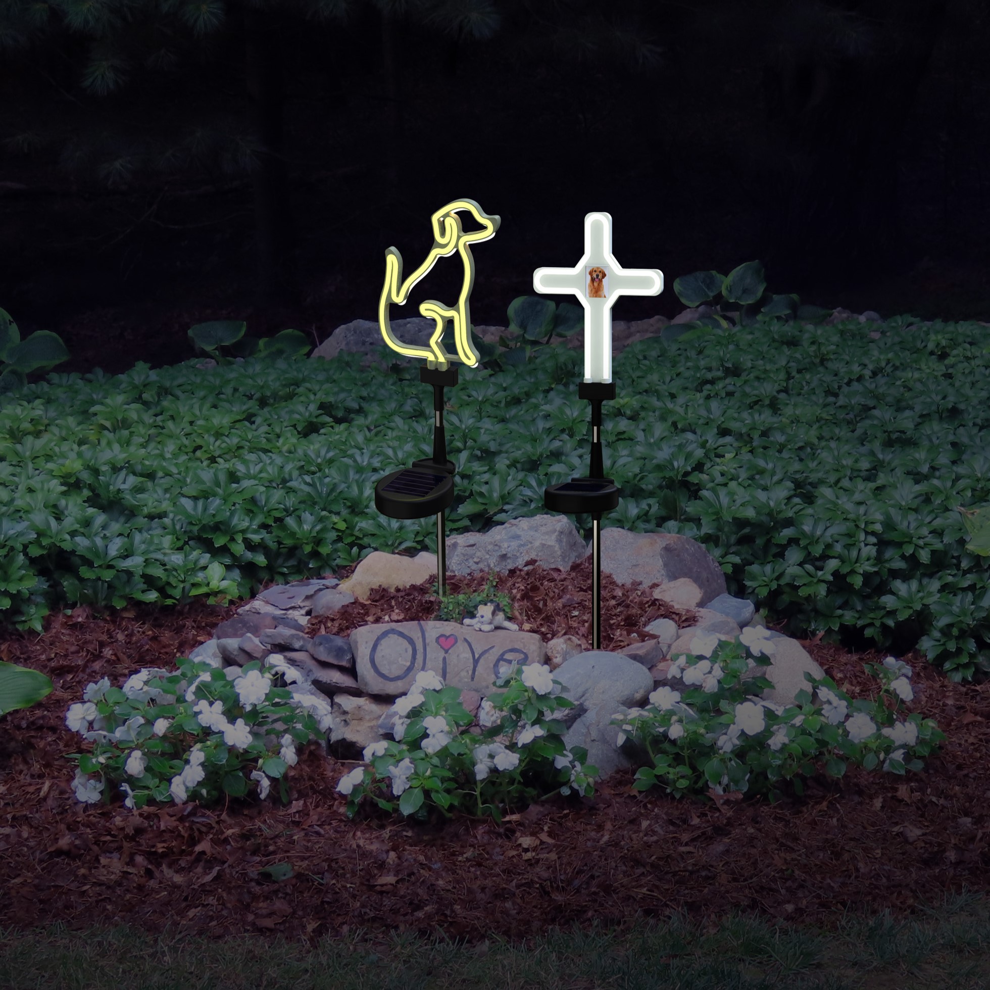 Touch of Eco® Neon Stake™ Solar LED Stake Light (2-Pack) - Solar Stake Light- Dog & Cross Combo