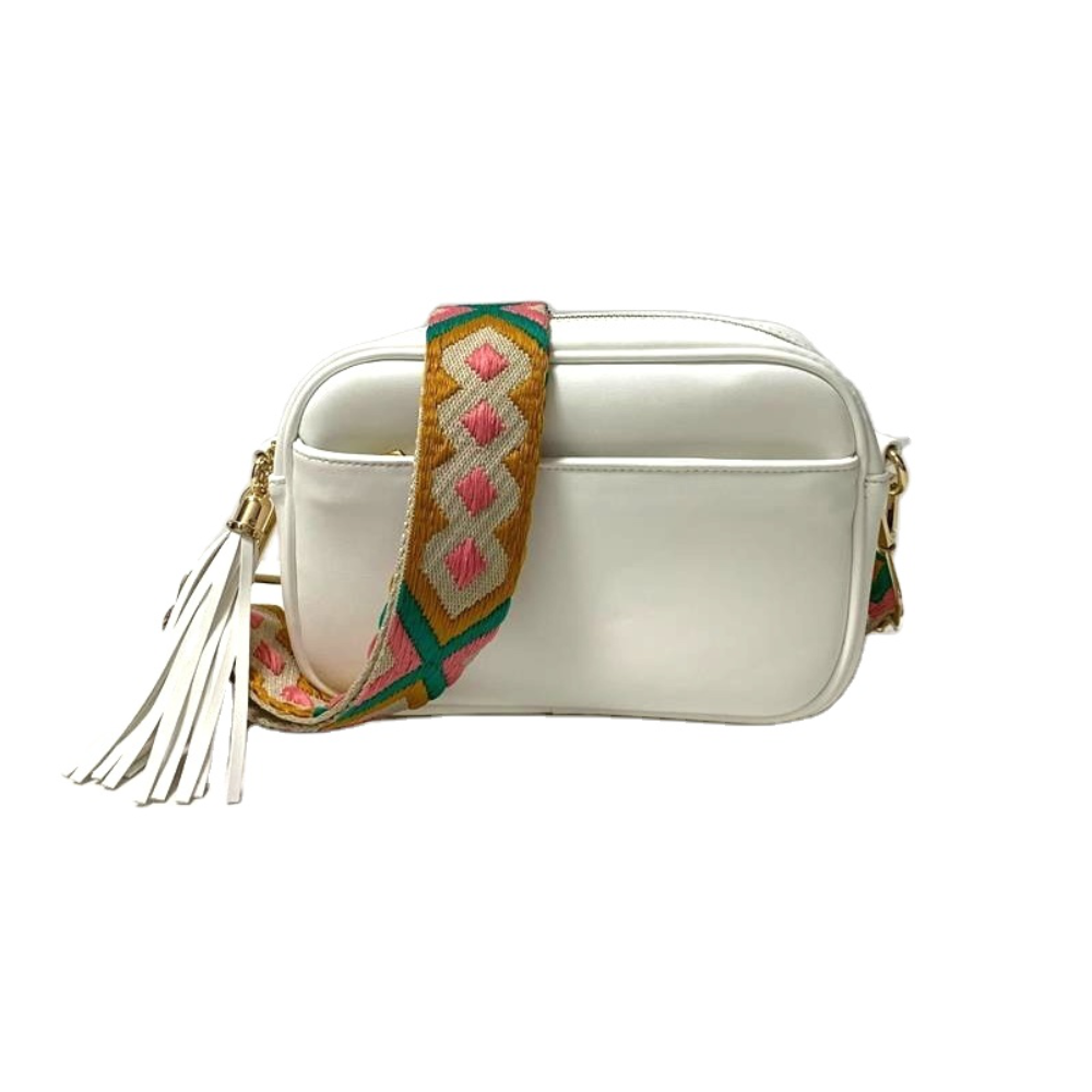 Courtney Crossbody Bag (Choose Your Strap) - White / Tan/Silver Stripe