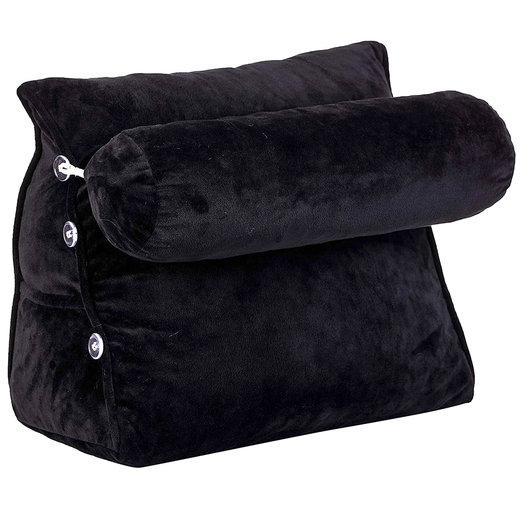 Plush Wedge Backrest Pillow with Neck Bolster - Black