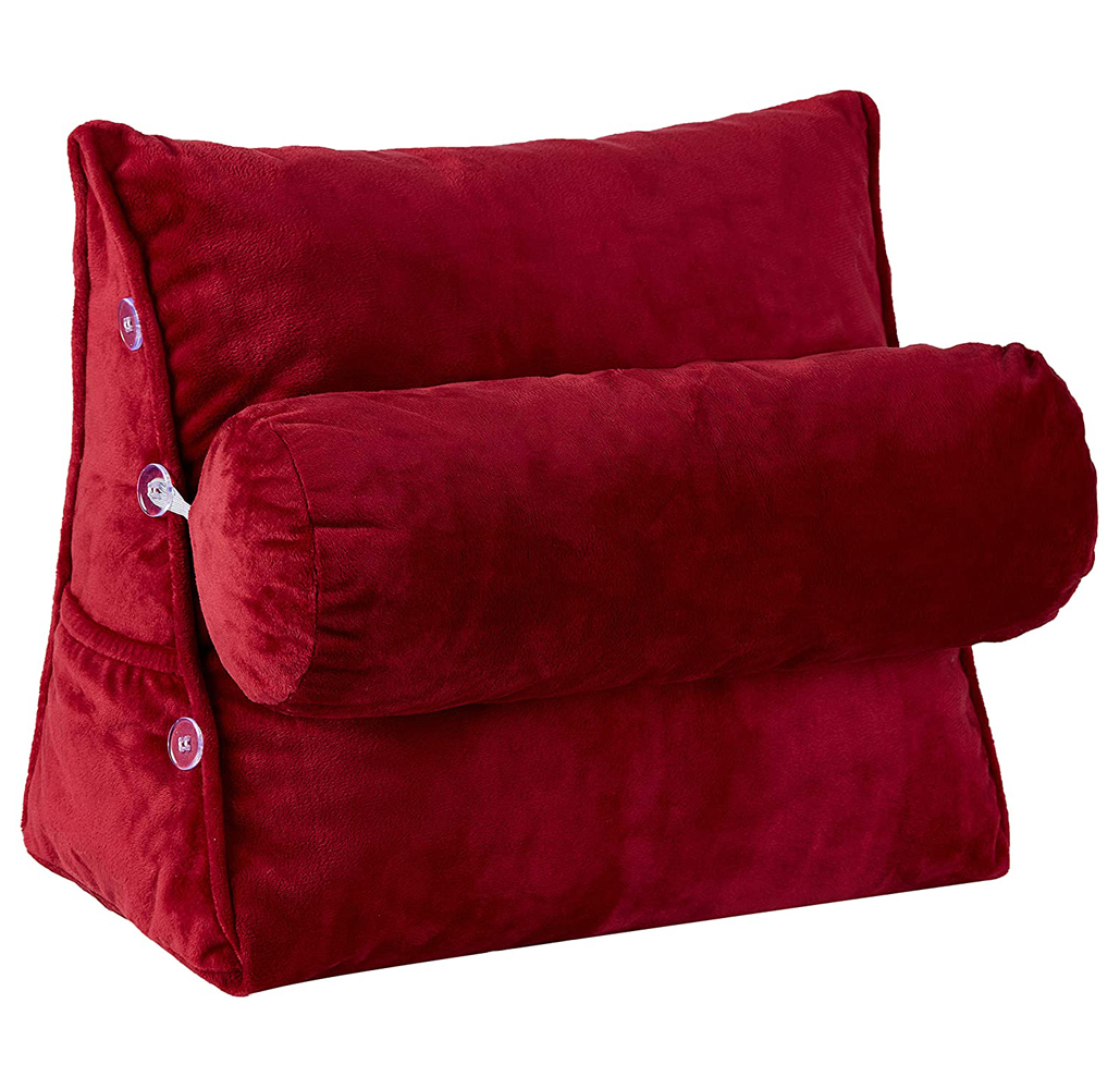 Plush Wedge Backrest Pillow with Neck Bolster - Maroon