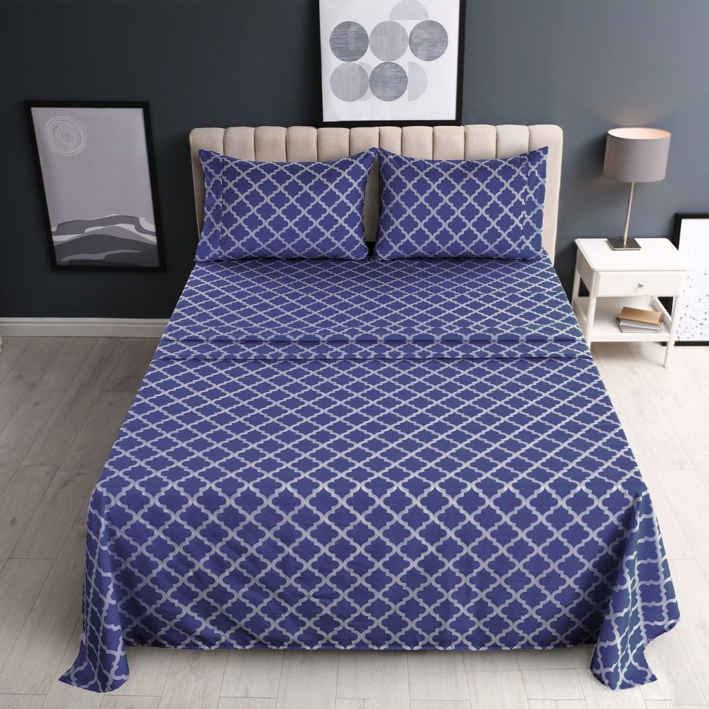 4-Piece Premium Quatrefoil Microfiber Bedding Set - Queen - Navy