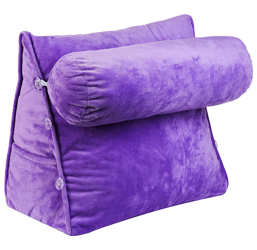 Plush Wedge Backrest Pillow with Neck Bolster - Purple