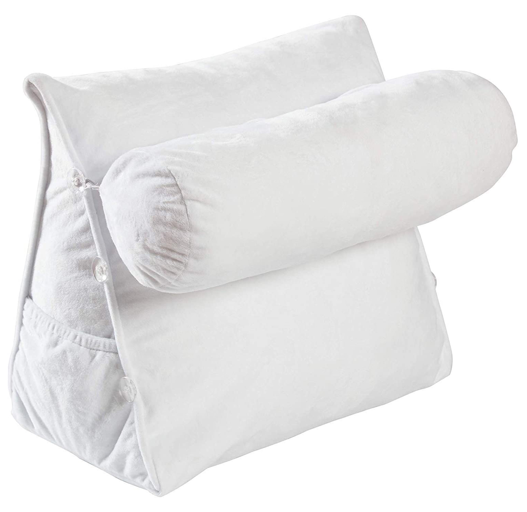 Plush Wedge Backrest Pillow with Neck Bolster - White