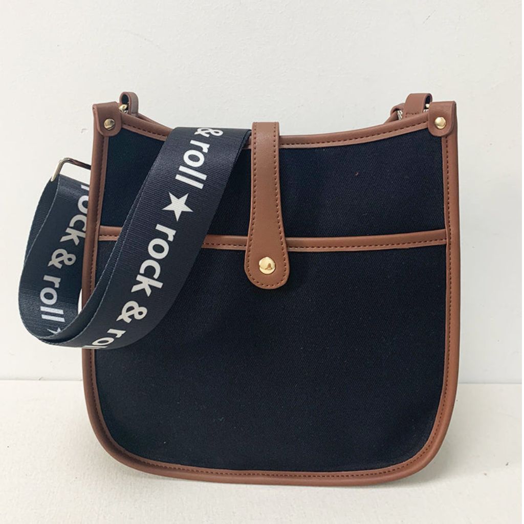 Anna Canvas Courier Bag (Choose Your Strap) - Black - Tiny Leopard