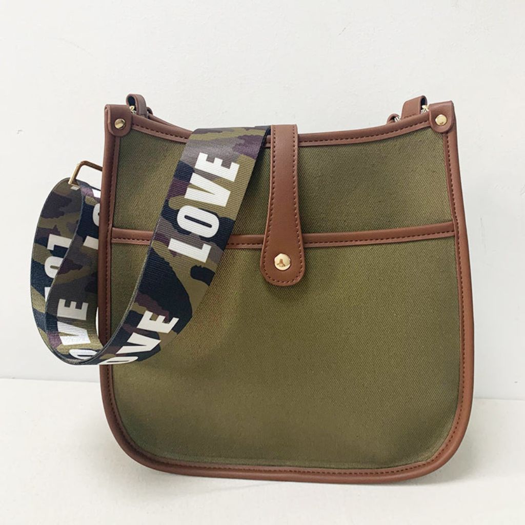 Anna Canvas Courier Bag (Choose Your Strap) - Army Green - Rosie Stripe