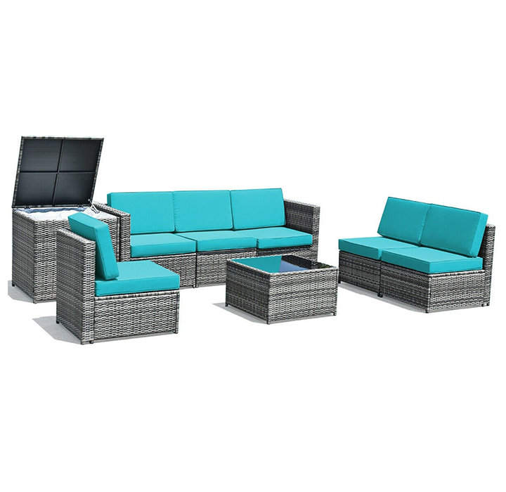 8-Piece Wicker Sofa Rattan Dining Set Patio Furniture with Storage Table - Turquoise