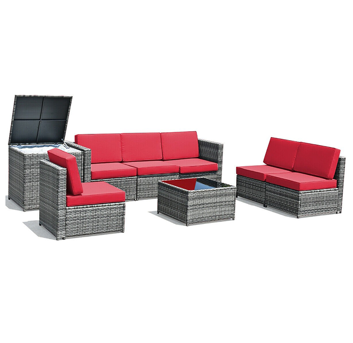 8-Piece Wicker Sofa Rattan Dining Set Patio Furniture with Storage Table - Red