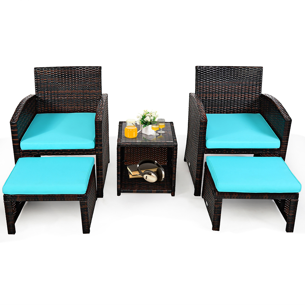 5-Piece Patio Rattan Wicker Furniture Set with Ottoman & Tempered Glass Coffee Table - Costway 5PCS Patio Rattan Wick Turquoise