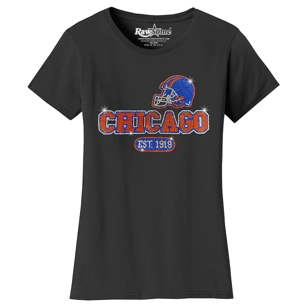 Women's Awesome Football Rhinestone Bling T-Shirt - Chicago - Black / S