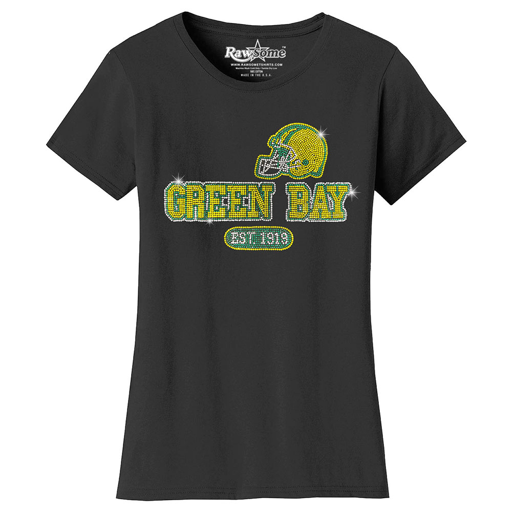 Women's Awesome Football Rhinestone Bling T-Shirt - Green Bay - Black / S