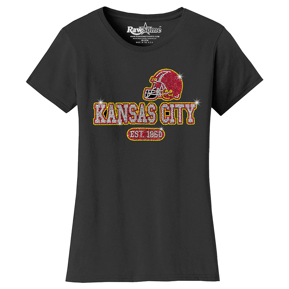 Women's Awesome Football Rhinestone Bling T-Shirt - Kansas City - Black / S
