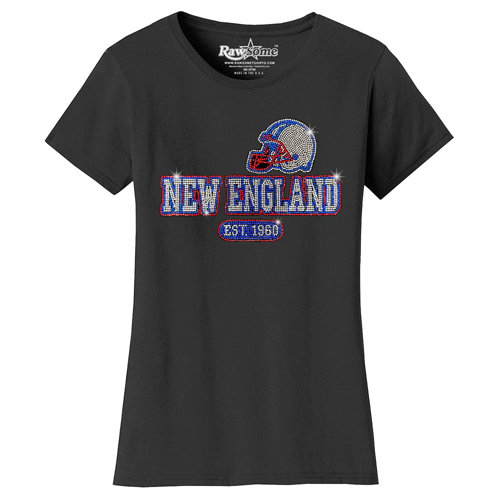 Women's Awesome Football Rhinestone Bling T-Shirt - New England - Black / S
