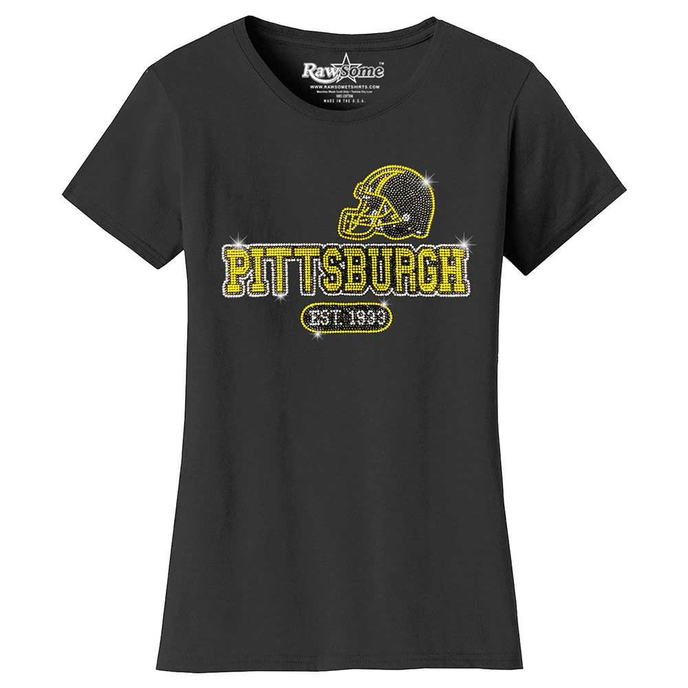 Women's Awesome Football Rhinestone Bling T-Shirt - Pittsburgh - Black / S