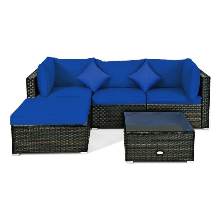 Rattan 5-Piece Conversation Sectional Set - Navy