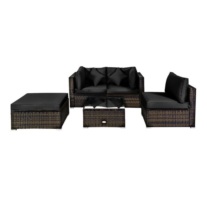Rattan 5-Piece Conversation Sectional Set - Black