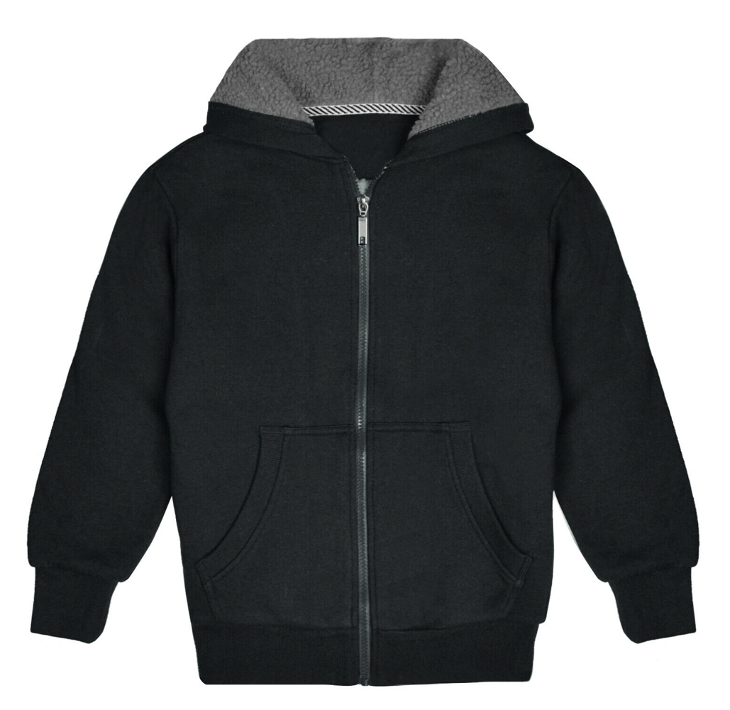 Kids' Sherpa-Lined Fleece Full-Zip Hooded Sweatshirt Jacket - Black - Medium