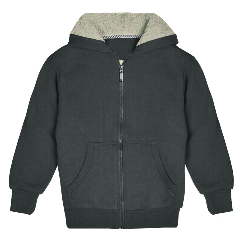 Kids' Sherpa-Lined Fleece Full-Zip Hooded Sweatshirt Jacket - Charcoal - Large