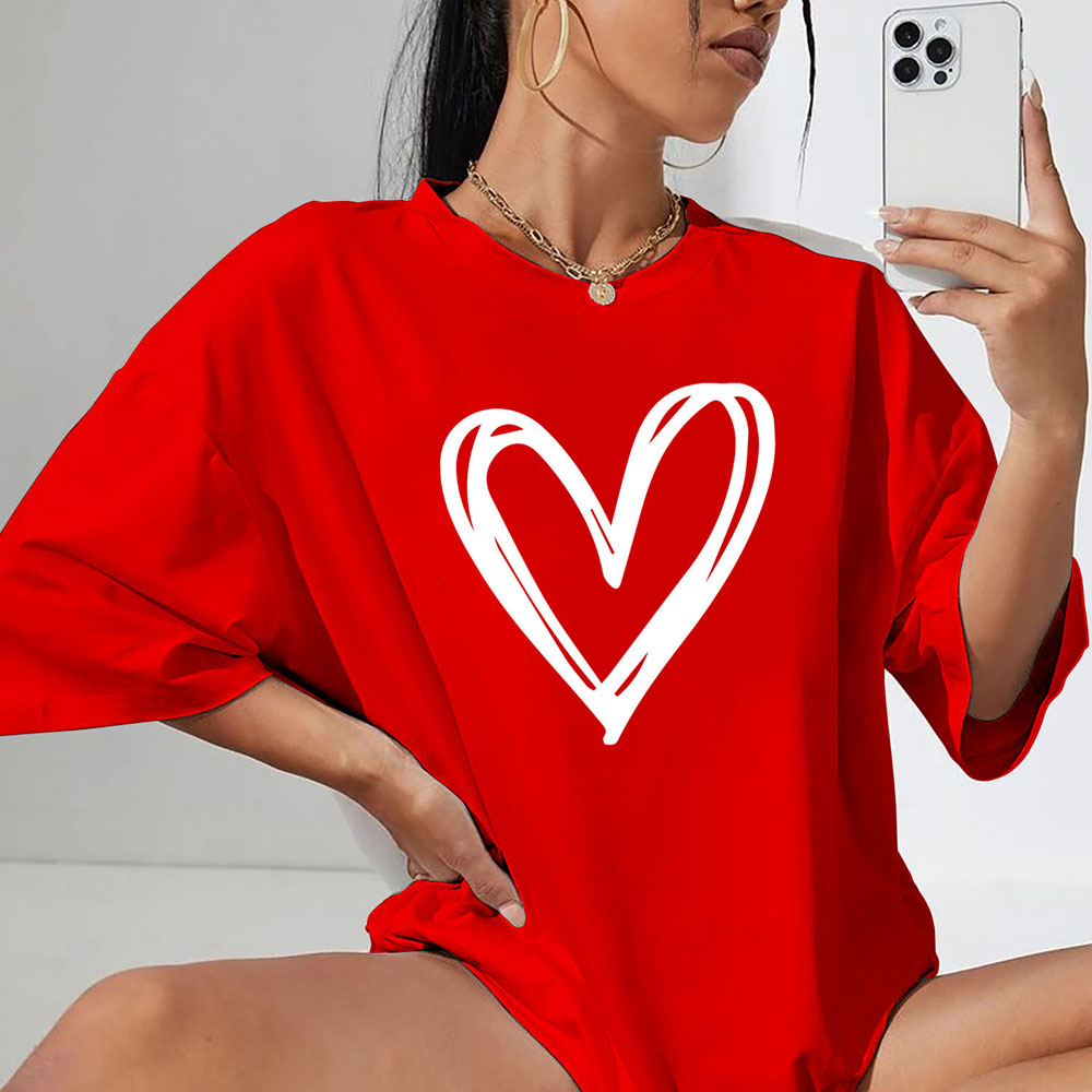 Women's Oversized Valentine's Day T-Shirts - Scribble Heart - Red / S