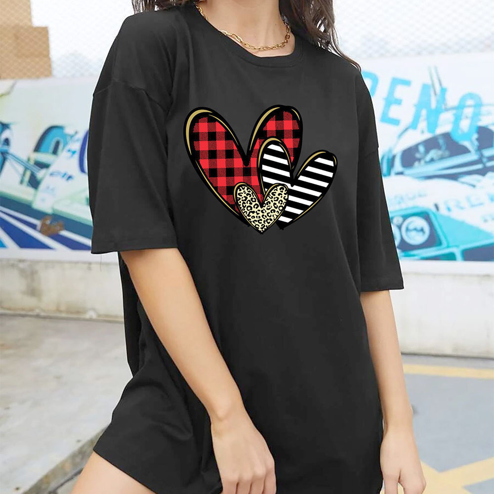 Women's Oversized Valentine's Day T-Shirts - Plaid Stripe Cheeta Heart - Black / S