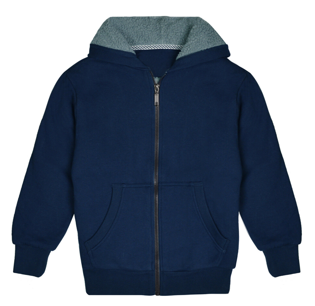 Kids' Sherpa-Lined Fleece Full-Zip Hooded Sweatshirt Jacket - Navy - Medium