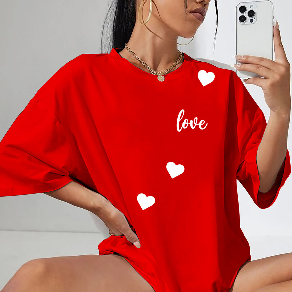 Women's Oversized Valentine's Day T-Shirts - Love Three Hearts - Red / 2XL