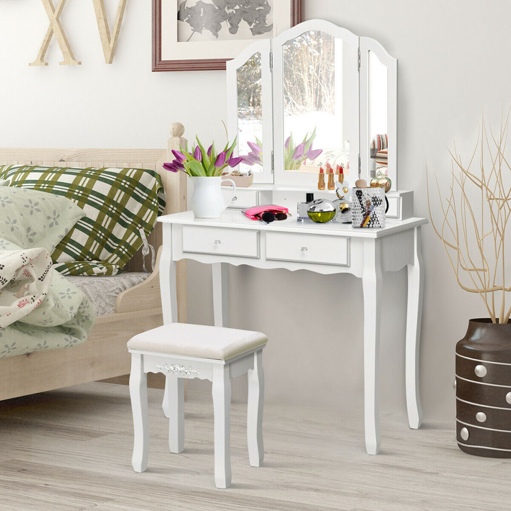 Tri-Folding Mirror Vanity Table Set with Stool - Makeup Table WH
