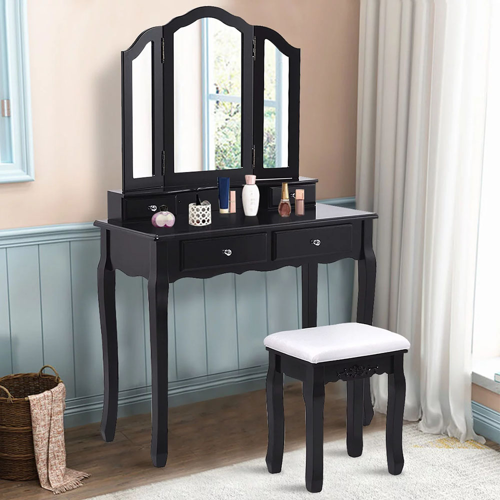 Tri-Folding Mirror Vanity Table Set with Stool - Costway Makeup Table Stool Set