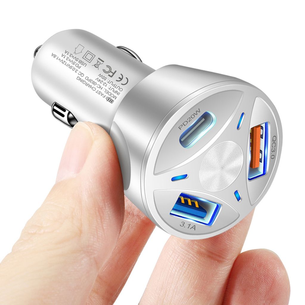 55W Fast Car Charger with USB and USB-C Ports - White