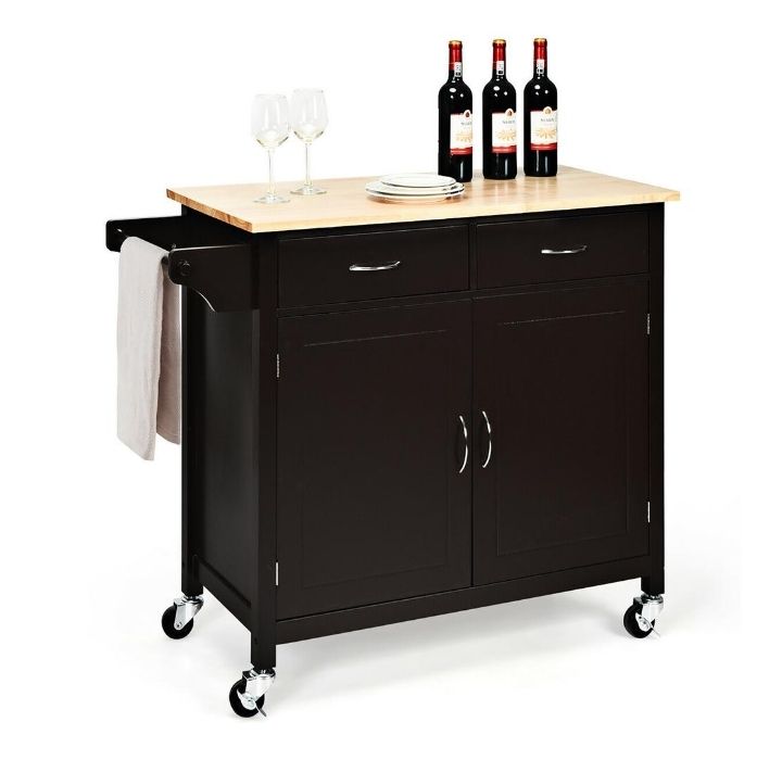 Modern Rolling Wood Top Kitchen Island Cart - Dark Brown