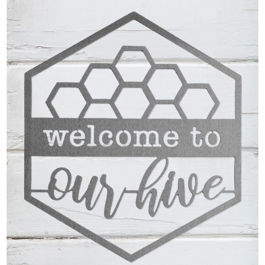 Hexagon Door Greetings Modern Rustic Word Art Sign - Welcome to our hive