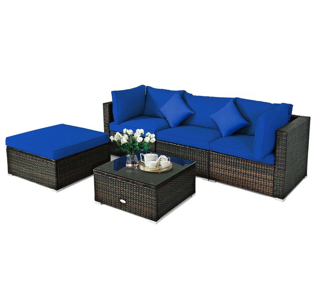 Rattan 5-Piece Outdoor Sofa Set with Glass Top Table - Navy