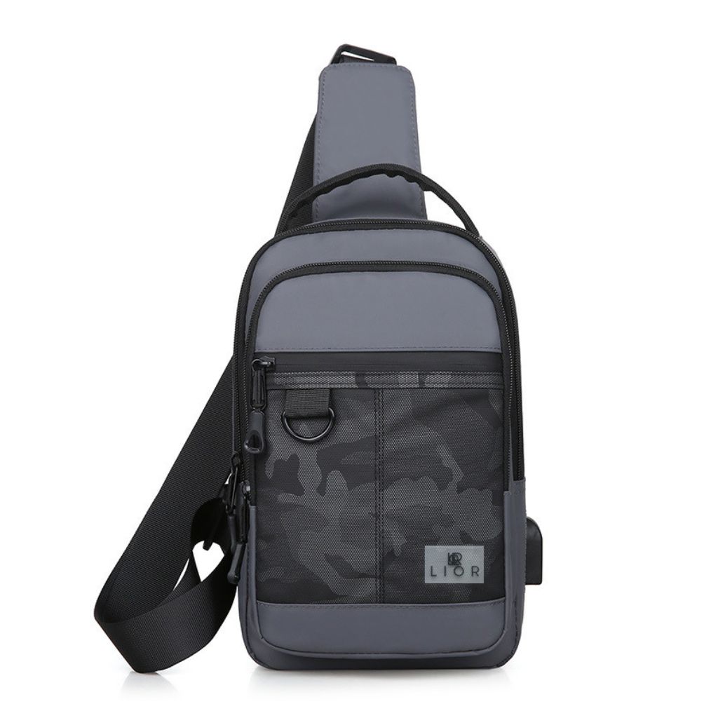 Crossbody Camouflage Shoulder Chest Bags with USB Charger Port - Grey
