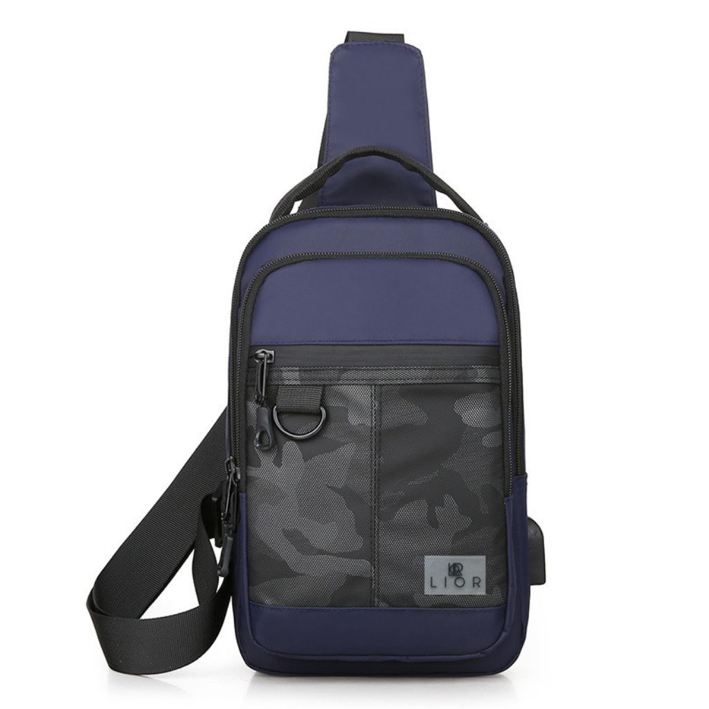 Crossbody Camouflage Shoulder Chest Bags with USB Charger Port - Dark Blue