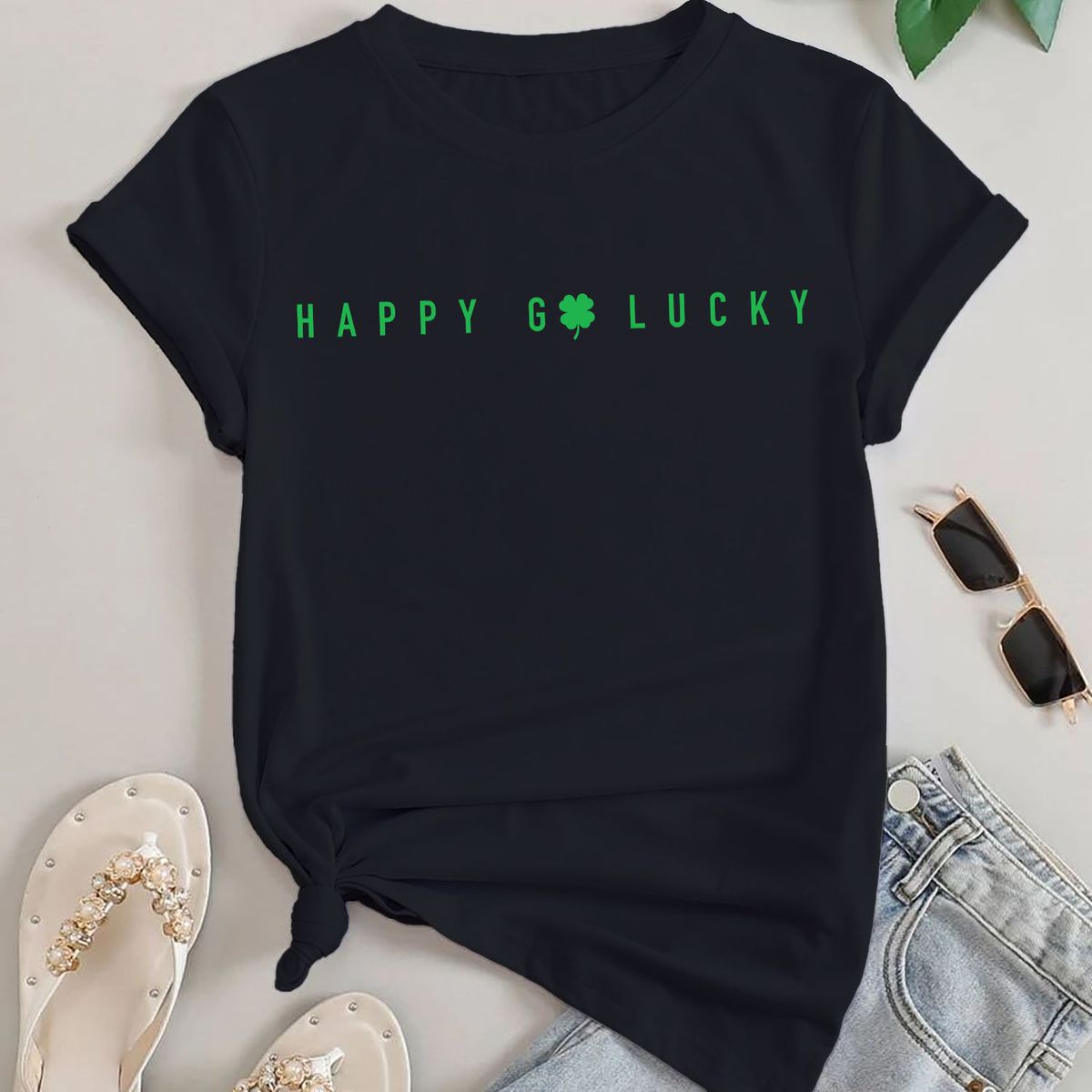 Women's Irish Love St. Patrick's Day Graphic T-Shirts - Happy Go Lucky - Black-Green Prt / S